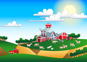 Cartoon illustration of farmland with buildings and flock