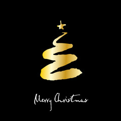 Gold Christmas tree on black background. Merry Christmas greeting card. Vector