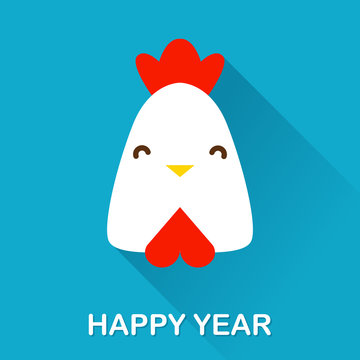 Winter icon with rooster and text Happy Year. Flat design. Vector illustration.