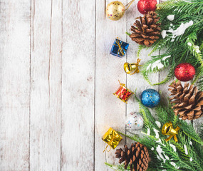 Christmas decoration on white wooden table background