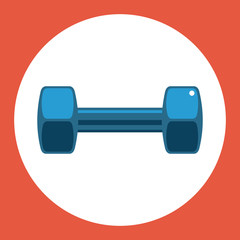 Dumbell icon. Blue dumbell on a red background. Sports Equipment. Vector Illustration.