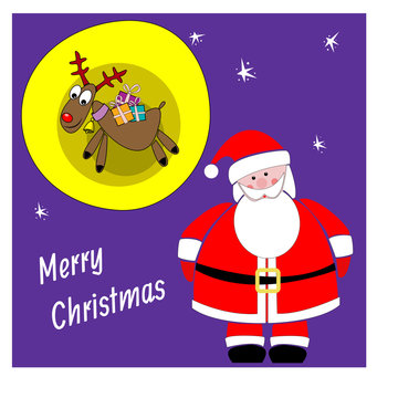 Santa Claus and deer with gifts. Christmas card.