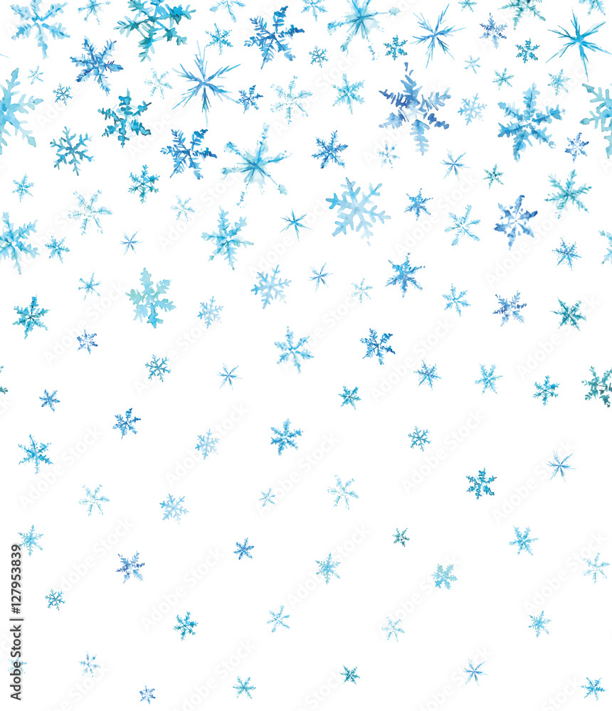 Wall mural horizontal pattern of watercolor snowflakes isolated on white.