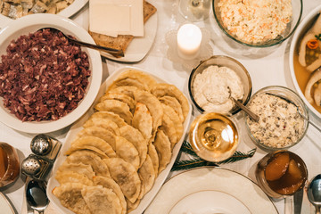 Dining table set with delicious food 