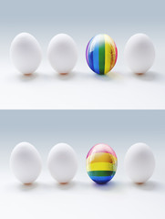 Two illustrations of white eggs and glassy LGBT eggs on the grey background. Concept illustrations, which show the difference, uniqueness and tolerance. 