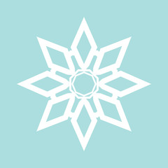 Flat snowflake icon, white on blue background