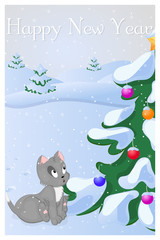 Funny and cute kitten saw Cristmas Tree at the first time. Merry Christmas and Happy New year card. Christmas card in cartoon style. Vector illustration.