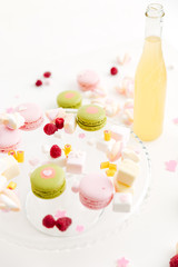 Fototapeta na wymiar Colorful macaroons, sweet berries, tasty marshmallows and lemonade
