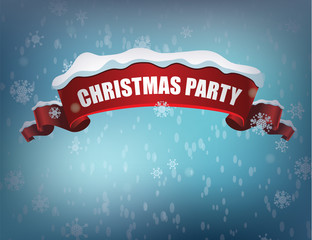 Christmas Party invitation design template with Christmas ribbon, copy space and snow. EPS 10 vector.