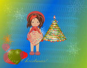 Obraz na płótnie Canvas Christmas tree vector girl gift box child greeting