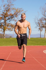 Obraz premium Male Athlete boxer punching a punching bag with dramatic edgy li