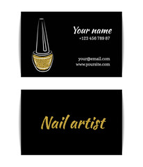 Nail polish business card. Isolated manicure visit card. Golden glitter texture with shiny sparkles. Gold glossing shimmer. Fashion template for beauty salon or nail artist. Vector EPS10 illustration.