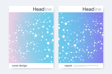 Scientific brochure design template. Vector flyer layout, Molecular structure with connected lines and dots. Scientific pattern atom DNA with elements for magazine, leaflet, cover, poster design.