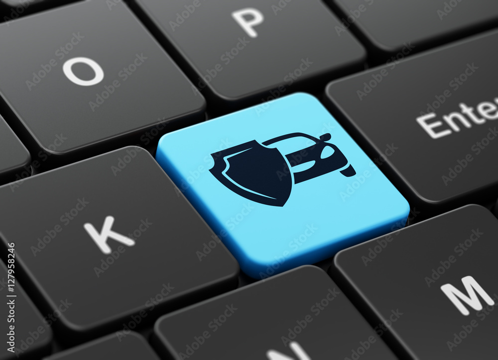 Poster insurance concept: car and shield on computer keyboard background