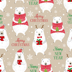 Seamless vector hand drawn Christmas pattern. Christmas and New Year design. Creative cartoon paper texture. Holidays background with white cute bears.