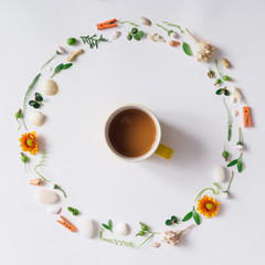 Creative arrangement made of natural summer things with coffee m