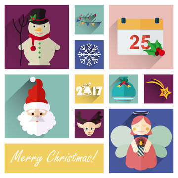 new year icon set of 10 christmas elements. flat design style with long shadow. part five