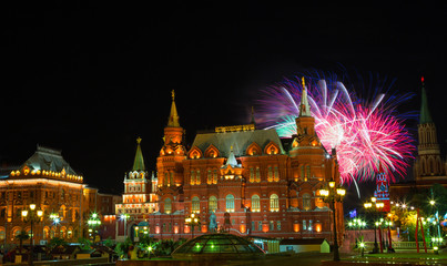 Fototapeta na wymiar Fireworks over the Moscow Kremlin at night.