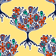 Naklejka premium Seamless pattern, vector hand drawn repeating illustration, decorative ornamental stylized endless trees Abstract seamles graphic illustration Artistic hand drawing silhouette on the yellow background