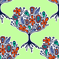 Seamless pattern, vector hand drawn repeating illustration, decorative ornamental stylized endless trees Abstract seamles graphic illustration Artistic hand drawing silhouette on the green background