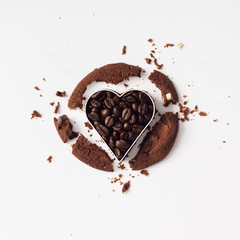 Chocolate coffee cookie cut with heart cutter