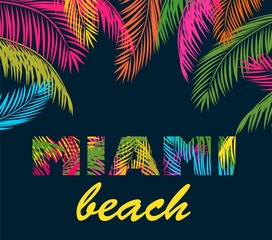 Background with colorful palm leaves and miami beach lettering - obrazy, fototapety, plakaty