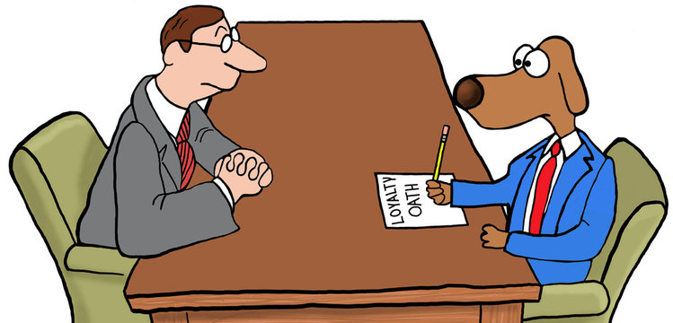 Color illustration of a new employee signing a loyalty oath.