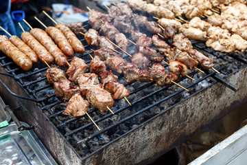 Barbecue roasted meat kebab hot grill, good snack outdoor picnic