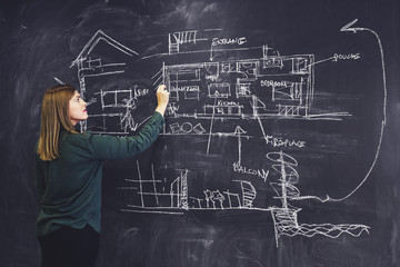 Architect woman sketching new project on chalkboard.