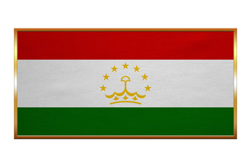 Flag of Tajikistan , golden frame, fabric texture