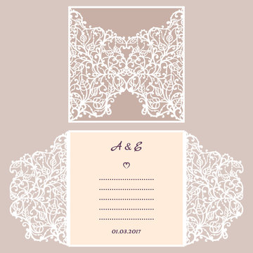 Wedding invitation or greeting card with abstract ornament. Vector envelope template for laser cutting. Paper cut card with silhouette. Cutout silhouette panel. Cutting file