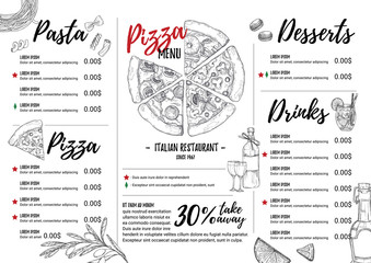 Hand drawn vector illustration - Italian menu. Pasta and Pizza. - obrazy, fototapety, plakaty