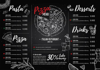 Hand drawn vector illustration - Italian menu. Pasta and Pizza. - obrazy, fototapety, plakaty