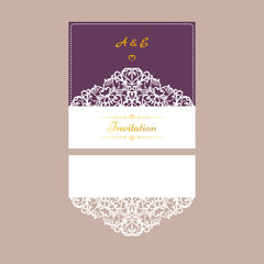 Wedding invitation or greeting card with abstract ornament. Vector envelope template for laser cutting. Paper cut card with silhouette. Cutout silhouette panel. Cutting file