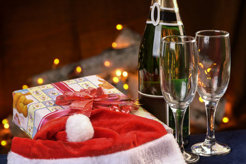 champagne glasses with the fireplace