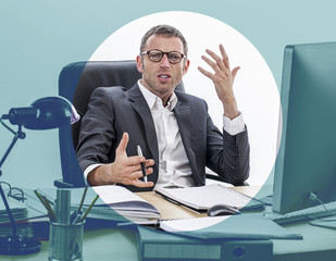 unhappy businessman expressing misunderstanding and complain, focusing effects