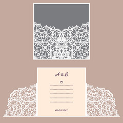 Wedding invitation or greeting card with abstract ornament. Vector envelope template for laser cutting. Paper cut card with silhouette. Cutout silhouette panel. Cutting file