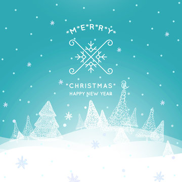 Merry Christmas Landscape, Christmas greeting card with winter background. Merry Christmas holidays wish design.Happy new year message. Vector illustration.