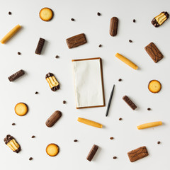 Bright sweet snack pattern with vintage notebook.