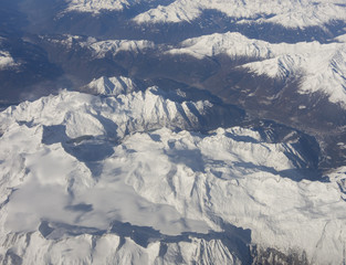 Aerial view of the alps in Europe during autumn season with fresh snow. November 2016