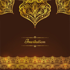 A luxury vintage vector card. Invitation with beautiful golden ornaments ,damask frame, border. Gold royal template