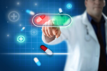 Doctor pointing on falling pills with white crosses in the backg