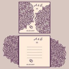 Wedding invitation or greeting card with abstract ornament. Vector envelope template for laser cutting. Paper cut card with silhouette. Cutout silhouette panel. Cutting file