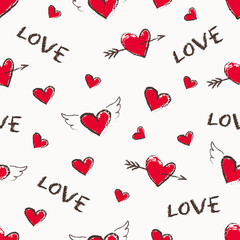 Fototapeta na wymiar Happy Valentine Day seamless pattern. Vector cute hand drawn red hearts with angel wings and arrows. Seamless texture for wallpapers, pattern fills, web page backgrounds.