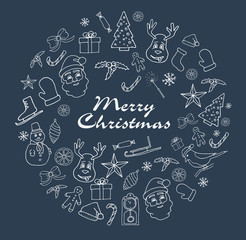  Christmas icons Hand-drawn. Icons of Santa Claus snowman and etc. Christmas illustration on a blue background. Linear icons