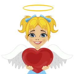 beautiful blonde little girl angel holding red heart