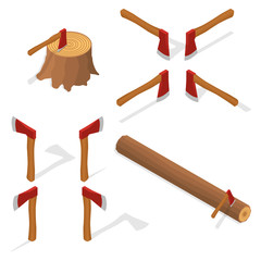 The isometric axe. Hack logs. The hatchet in the stump. Icon vector illustration.