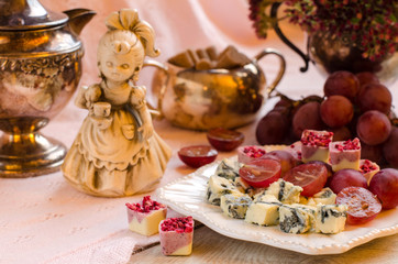 Cheeses, fruits and desserts. Beautiful set-up.