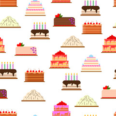 Set of cakes in flat style. Seamless pattern. Delicious fresh pastries. Icon for cafes, pastry shops, wedding salon. White background. Vector illustration.