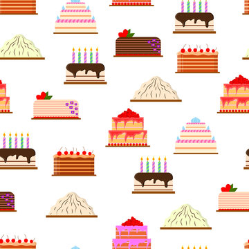 Set of cakes in flat style. Seamless pattern. Delicious fresh pastries. Icon for cafes, pastry shops, wedding salon. White background. Vector illustration.